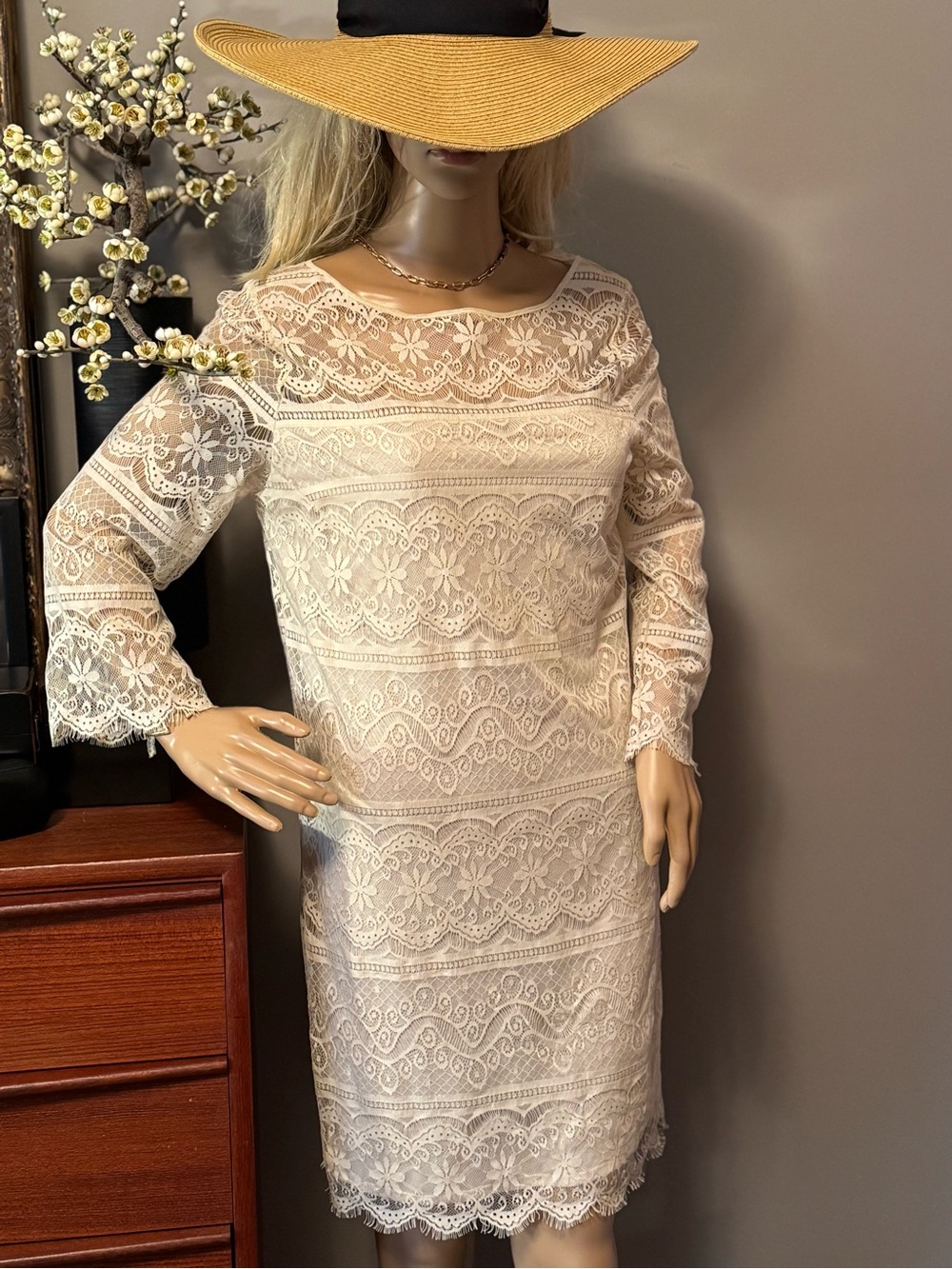 Max Studio Ivory Lace Long-Sleeve Shift Dress